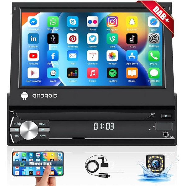 Dab+ Single Din 7 Zoll HD einziehbares Touchscreen Autoradio mit Navi, Car Media Player mit Mirror Link Bluetooth FM/EQ/DSP GPS WiFi AUX / USB SWC Fernbedienung + Rückfahrkamera & Mikrofon