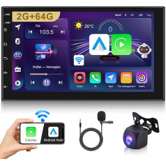 Hodozzy Auto radio Android DIN 2 Bluetooth 7 collu 2GB 64GB Carplay Bezvadu Android auto radio Double DIN skārienjutīgais ekrāns Auto radio navigācija DSP HiFi FM RDS radio GPS navigācija WiFi + USB atpakaļgaita