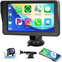 Hodozzy Tragbarer Carplay Display Auto, 7 Zoll HD IPS Touchscreen Auto Bildschirm mit Wireless Carplay Android Auto, Autoradio Rückfahrkamera Bluetooth/AUX/FM/EQ/Mirror Link/TF/Freisprecheinrichtung