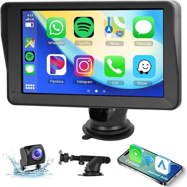 Hodozzy Tragbarer Carplay Display Auto, 7 Zoll HD IPS Touchscreen Auto Bildschirm mit Wireless Carplay Android Auto, Autoradio Rückfahrkamera Bluetooth/AUX/FM/EQ/Mirror Link/TF/Freisprecheinrichtung