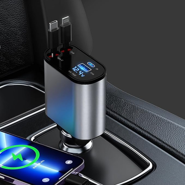 Ištraukiamas automobilinis įkroviklis, 100 W cigarečių žiebtuvėlis, USB C automobilinio įkroviklio adapteris, greitasis mobiliojo telefono įkroviklis, ištraukiamas automobilinis įkroviklis su 2 paslėptais laidais, suderinamas su iPhone/Sumsang/