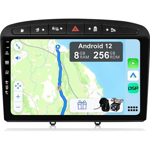 YUNTX [8GB + 256GB] Android 12 autoradio Peugeot 308 (2007-2013) [Integrēts CarPlay/Android Car/DSP/GPS]-9 collu IPS 2.5D kamera + MIC-DAB/Mirror Link/Bluetooth 5.0/360 kamera/ stūres rats