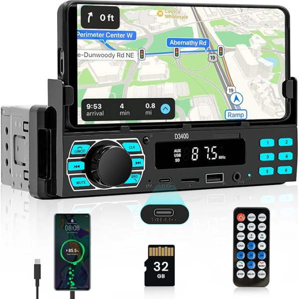 Hikity 1DIN Autoradio mit Bluetooth Freisprecheinrichtung, Mobiltelefonhalterung, 7 Farben FM Radio 1 Din mit USB/Type-C AUX RCA Audio Output EQ MP3-Player Fernsteuerung 32GB TF