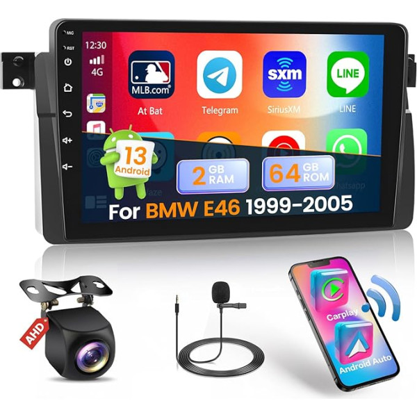 Hikity 2G 64G Android 13 Bezvadu Carplay auto radio ar satelītnavigāciju BMW 3. sērijas E46 1999-2005 9 collu skārienjūtīgais ekrāns Auto radio ar GPS Bluetooth FM RDS WiFi HI-FI Android Auto Mic atpakaļgaitas kamera