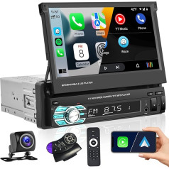 Hikity 1 DIN autoradio Bluetooth ar CarPlay un Android Car, 7 collu manuāli izvelkams displejs, skārienjūtīgais autoradio ar atpakaļgaitas kameru, BT, FM, USB, TFM, AUX, Mirror Link priekš Android/iOS