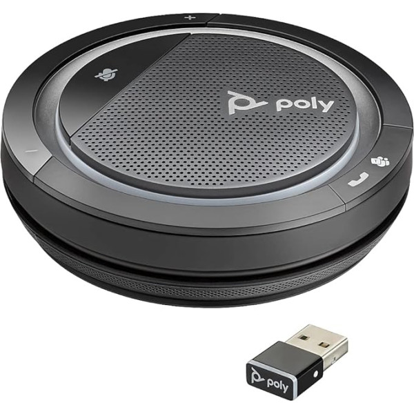 Poly Calisto 5300-M Mobilais konferenču skaļrunis ar USB-A savienojumu, ieskaitot Bluetooth stick BT600 Pilndupleksais audio balss izsaukums Microsoft Teams melns