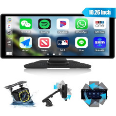 CAMECHO CarPlay Wireless Android Auto,Tragbares Autoradio mit 10,26 Zoll Display,Apple Airplay/Bluetooth/Mirror Link/AUX/FM-Transmitter+Rückfahrkamera