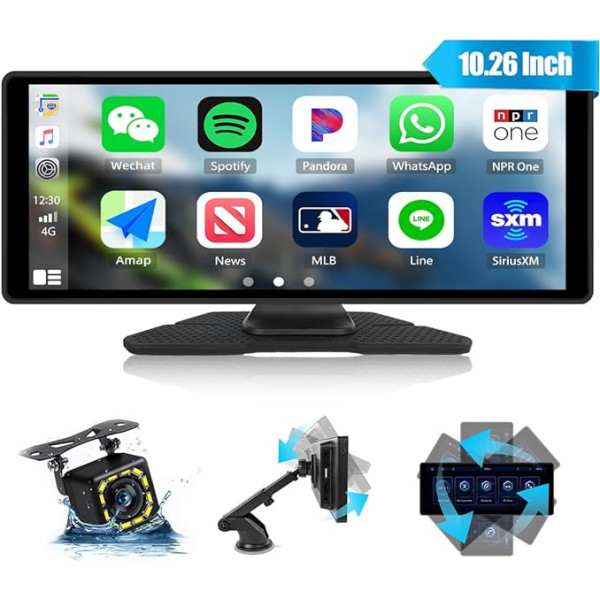 CAMECHO CarPlay Wireless Android Auto,Tragbares Autoradio mit 10,26 Zoll Display,Apple Airplay/Bluetooth/Mirror Link/AUX/FM-Transmitter+Rückfahrkamera