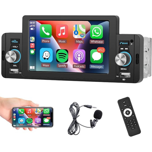 Podofo Carplay 1 DIN auto radio Android auto 5 collu skārienjūtīgais ekrāns Bluetooth brīvroku komplekts FM radio Dual USB AUX 1Din auto video atskaņotājs + tālvadības pults + mikrofons