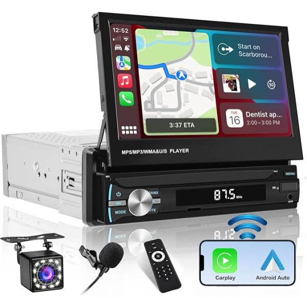 Hikity Auto radio ar pagarināmu ekrānu Bezvadu Apple Carplay Android 7 collu skārienjutīgais ekrāns 1 DIN auto radio ar Bluetooth aizmugurējo kameru Auto radio spoguļa saite USB FM AM EQ SWC