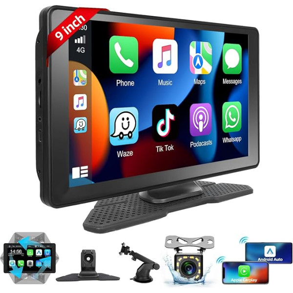 Podofo Bezvadu Apple Carplay un Android pārnēsājamais auto radio, 9 collu HD skārienjūtīgais ekrāns, auto radio ar aizmugures skata kameru, Bluetooth, FM raidītājs, AUX kabelis, EQ auto radio 7-32 V automašīnai