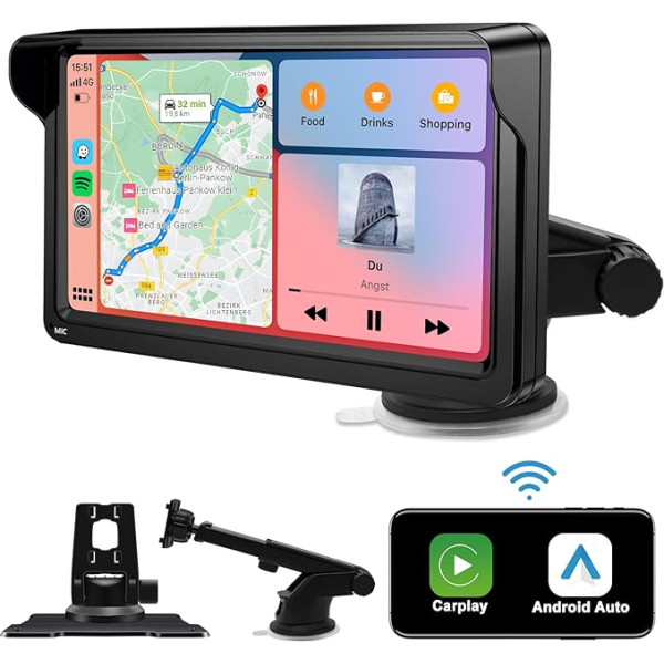 Bezvadu autoradio Apple Carplay displejam - Jimtour Portable Android auto ekrāns, Apple Car Play 7 collu IPS skārienekrāns, MirrorLink, Airplay, Bluetooth, Siri, FM, AUX, navigācija kravas automašīnai Sat