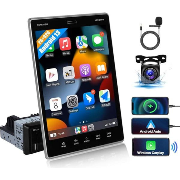 CAMECHO 2+32GB Android 13 Single DIN auto radio, 9,5 collu vertikālais skārienjūtīgais ekrāns, Bluetooth ar Android auto GPS GPS Sat NAV WiFi FM RDS Mirror Link Quick Charge + AHD atpakaļgaitas kamera