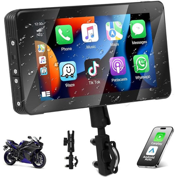 Podofo Autoradio für Motorrad mit Wireless Apple Carplay Android Auto, 5-Zoll Tragbares Autoradio Bluetooth mit GPS Navi, FM-Übertragung, TF-Karte, USB, EQ-Einstellung