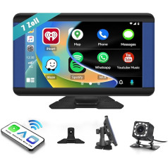 CAEMCHO Bezvadu Apple Carplay Android auto, 7 collu HD HD portatīvais skārienjūtīgais bezvadu Carplay displejs, auto atskaņošanas monitors ar Bluetooth AUX/FM/USB/Airplay/Mirror Link + atpakaļgaitas kamera 7-32 V ierīcēm