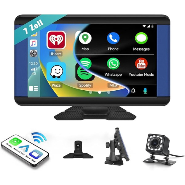 CAEMCHO Bezvadu Apple Carplay Android auto, 7 collu HD HD portatīvais skārienjūtīgais bezvadu Carplay displejs, auto atskaņošanas monitors ar Bluetooth AUX/FM/USB/Airplay/Mirror Link + atpakaļgaitas kamera 7-32 V ierīcēm