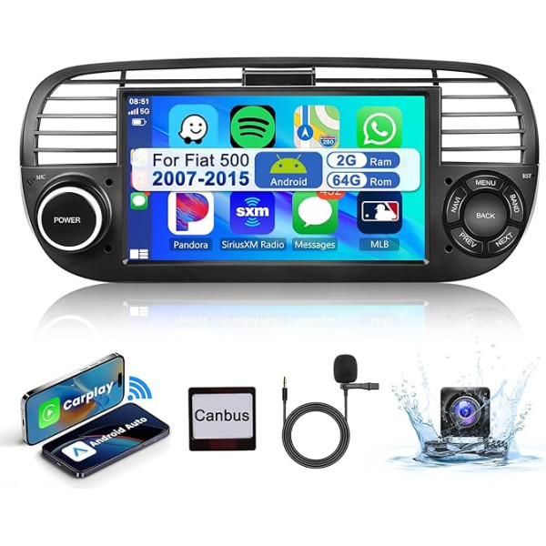 【2+64G】 7''Wireless Carplay Android Auto 2 Din Autoradio Für FIAT 500 2007-2015 mit Bildschirm +AHD Rückfahrkamera,Auto Radio Bluetooth Radio mit Navi/WiFi HiFi RDS/FM Radio+CANBUS