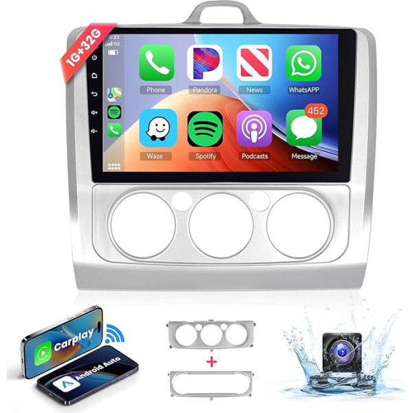 Podofo 9 collu auto radio 2 DIN Ford Focus Mk2 Mk3 / Exi MT 2 3 2004-2011 Bezvadu Carplay Android Bluetooth ar AHD aizmugures skata kameru HiFi/RDS/FM Radio/DVR