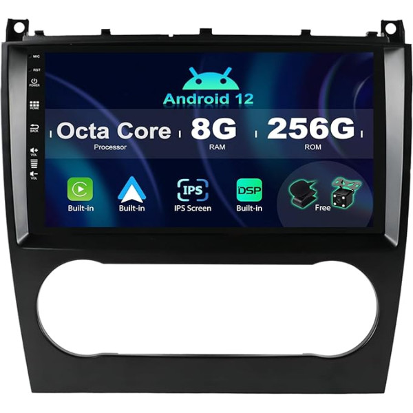 SXAUTO ¦8G+256G ¦ Android 12 IPS auto radio Benz C-klases W203 W209 C180 C200 CL203 C209 (2004-2007) - Iebūvēts Carplay/Android Car - Kamera + Mic - DAB SWC WiFi Fast Boot 360-CAM - 2200 Din 9 collu