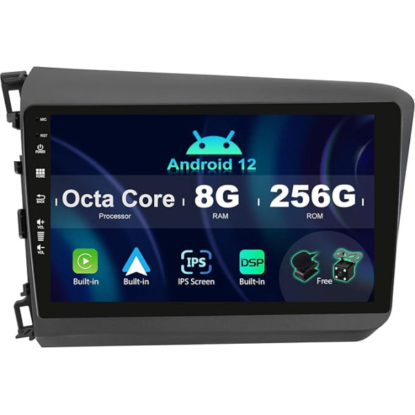 SXAUTO ¦8G+256G¦ Android 12 IPS auto radio Honda Civic (2012-2015) - Iebūvēts Carplay/Android Car/DSP - LED kamera + MIC - DAB stūres vadības stūres vadības sistēma Fast Boot 360-CAM WiFi -2 DIN 9 collas