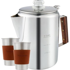 APOXCON Camping Coffee Percolator Pot, nerūdijančio plieno kavos virimo aparatas 9 puodeliai Kavos puodelis su stikline rankenėle, skirtas kavai ruošti prie laužo ar viryklės, stovyklavimo kavos puodelis su 2 nerūdijančio plieno kavos puodeliais.