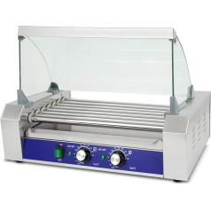 vertes Gastro Hot Dog Maker Made of Stainless Steel, Electric with 2200 W, Hot Dog Machine with 11 Rollers and 2 Heating Zones, Professional Sausage Grill with Glass Cover, Collection Tray and 50-250