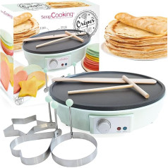 ScrapCooking - Crepes Maker - Ø28 Electric Crepe Machine - Crepe Factory - Pancake - With Non-Stick Heating Plate, Rake, Spatula & 3 Crepe Art Moulds - Water Green - 3899