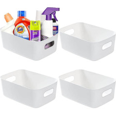 XFLYP Set of 4 White Rectangular Storage Boxes, Organiser with Handles, Living Small Storage Box, Plastic Basket for Kitchen, Home, Office and Bathroom (22 x 15 x 10.5 cm)