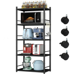 Metal Kitchen Shelf, Standing Shelf, Adjustable Shelves, Storage Shelf with 4 Hooks and 4 Rotating Wheels, Shelf for Microwave, for Bathroom, Kitchen, Living Room, Bedroom, Balcony (Black, 5 Tiers)