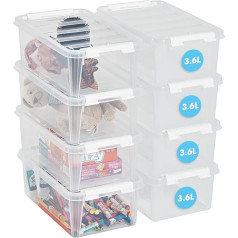 SmartStore Storage Box with Lid, Small, 3.6 L, 8 Transparent and Stackable Plastic Boxes with Clip Closure, White, Plastic, BPA-Free and Food Safe, 30 x 19 x 11 cm