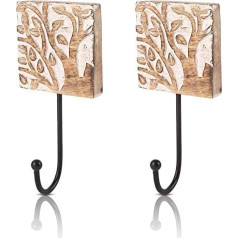 Set of 2 decorative wooden and cast iron hangers, vintage style, rustic, wall mounting, jacket, bathrobe, towel, door hook, holder for hallway, living room, bathroom, bedroom, home decoration