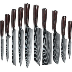 ZENG Santoku 10 detaļu nažu komplekts, gaļas nazis, virtuves nazis, maizes nazis, damaskas nazis, atkaulošanas nazis, ass vācu nerūsējošā tērauda nazis ar ergonomiskiem Pakkawood rokturiem mājām un restorāniem