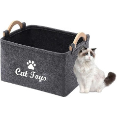 Geyecete Felt Storage Box for Cat Toys, Organiser with Wooden Handle, Rectangular Storage Basket for Pets Toy Accessories / Clothes, Toy Box without Lid 38 x 25 x 18 cm, Grey