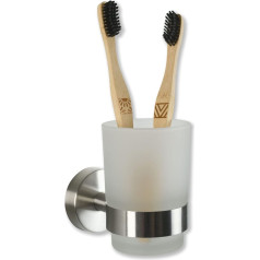 SOSmart24 JUST Silver Toothbrush Cup Holder No Drilling Stainless Steel with Glass Cup - Brushed Silver - Adhesive Set - Toothbrush Holder Toothbrush Cup Mouth Glass Holder Bathroom Bathroom