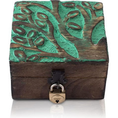 Great Birthday Gift Handmade Decorative Wooden Jewellery Box with Tree of Life Carving & Lock & Key Jewellery Organiser Storage Box Treasure Chest Jewellery Holder (Green)