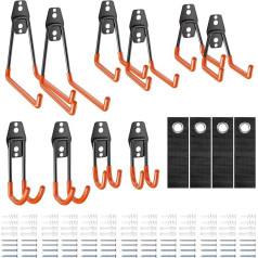 Magrimaxio Pack of 10 Wall Hooks Garage Orange and 4 Cable Ties, Heavy Duty Double Hooks, Wall Mount Hooks with Screws, Device Hooks, Multi-Size for Organising Ladder, Chair, Hose, Bikes