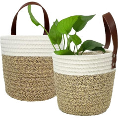 SOQKEEN Cotton Rope Basket, Pack of 2 Storage Baskets, Small Children with Leather Handles, Woven Hanging Basket Made of Cotton Rope, Woven Basket for Bathroom, Storage, Plants, Kitchen, Office,