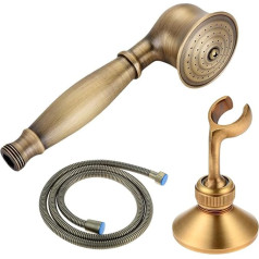 DRELD 3 Pieces Retro Shower Set, 1 x Brass Hand Shower with 1 x 1.5 m Hose and 1 Piece Holder, Nostalgia Gold Shower Set, Bronze Retro Shower Head Hand Shower Set (Gold, All Copper)