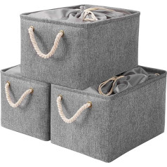 Yawinhe Set of 3 Fabric Storage Baskets, Foldable Storage Baskets with Drawstring Cover and 2 Handles, for Cupboard and Shelf, 33 x 23 x 20 cm, Grey, SNK003GS