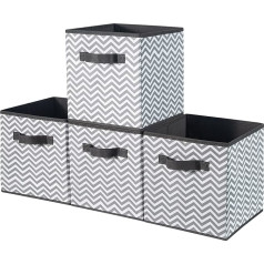 BrilliantJo Fabric Storage Box in Set of 4, 33 x 38 x 33 cm, Foldable Storage Box with Handles, Organiser System Basket for Cupboard, Shelf, Locker - Grey Chevron