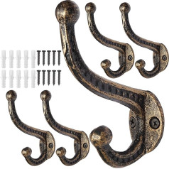 WEBI Coat Hooks Wall Cast Iron Coat Hooks Vintage Metal Wall Hooks Rustic Coat Hooks Double Hooks for Coat Jackets Hats Black / Gold Pack of 5