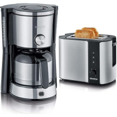 SEVERIN KA 4845 Type Switch Coffee Machine (for Ground Filter Coffee, 8 Cups) Stainless Steel / Black & Automatic Toaster, Includes Bread Roasting Attachment, 2 Roasting Chambers, 800 W, Stainless Steel/Black