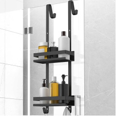 KERNOWO Duschablage zum Hängen, Schwarz Edelstahl Badregal für Dusche Ohne Bohren，Duschkorb Halterung Shower Shelf Mit 4 Haken für Shampoo und Duschgel ，Für Rahmenlos Glastür Edelstahl