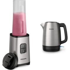 Philips To-Go Mini blenderis HR2600/80 (350 W, 28 000 apgr./min, 0,7 l ietilpība, pudele dzeršanai, var mazgāt trauku mazgājamā mašīnā), sudraba krāsā un tējkanna HD9350/90, nerūsējošais tērauds, 1,7 litri, melns