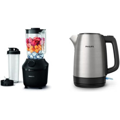 Philips sadzīves tehnika HR2041/41 Blenderis (450 W, ProBlend tehnoloģija, 1,9 litru plastmasas trauks, ar dzeramo pudeli), melns & HD9350/90 tējkanna, nerūsējošais tērauds, 1,7 litri, melna krāsa