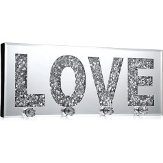 BTSKY Crushed Diamond Mirrored Love Letter Sign with 4 Clear Crystal Hooks - Glass Love Letter Sign Wall Decor Mirror Decoration Key Holder Hook Wall Art Entrance Decoration