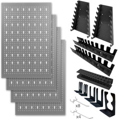 METALLMOBELL - Metāla instrumentu siena 160 x 60 x 2 cm, 4 perforētas plāksnes 40 x 60 x 2 cm, āķi un turētāji, perforēta siena darbnīcā, instrumentu siena, metāla perforēta siena, darbnīcas piederumi, perforēta siena