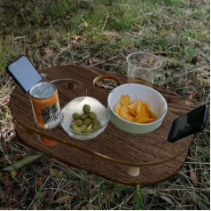 Schneidebrett für die Küche für Aperitif Snacks, Tellerhalter, Gläser, Schüsseln, Gläser, Schlitz für Fernbedienung und Smartphone, Gartentablett Pic Nic für Innen- und Außenbereiche, aus Holz