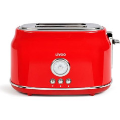 LIVOO DOD181R Toaster Vintage Stainless Steel 2 Slots, Retro Look Red Thermostat 6 Levels Warm-Up Defrost 815 W