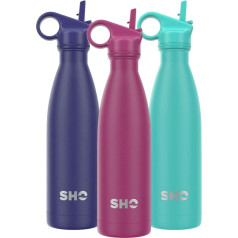 SHO Edelstahl-Wasserflasche mit Strohhalm und Schraubdeckel - auslaufsicher, BPA-frei, kein Schweiß, vakuumisolierte doppelwandige Metallflasche, 500 ml - Original 2,0-12 Stunden heiß, 24 Stunden kalt